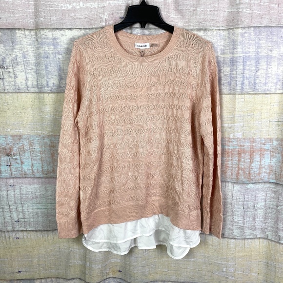Calvin Klein Layered Crewneck Knit Sweater in Blush Pink - Picture 2 of 8